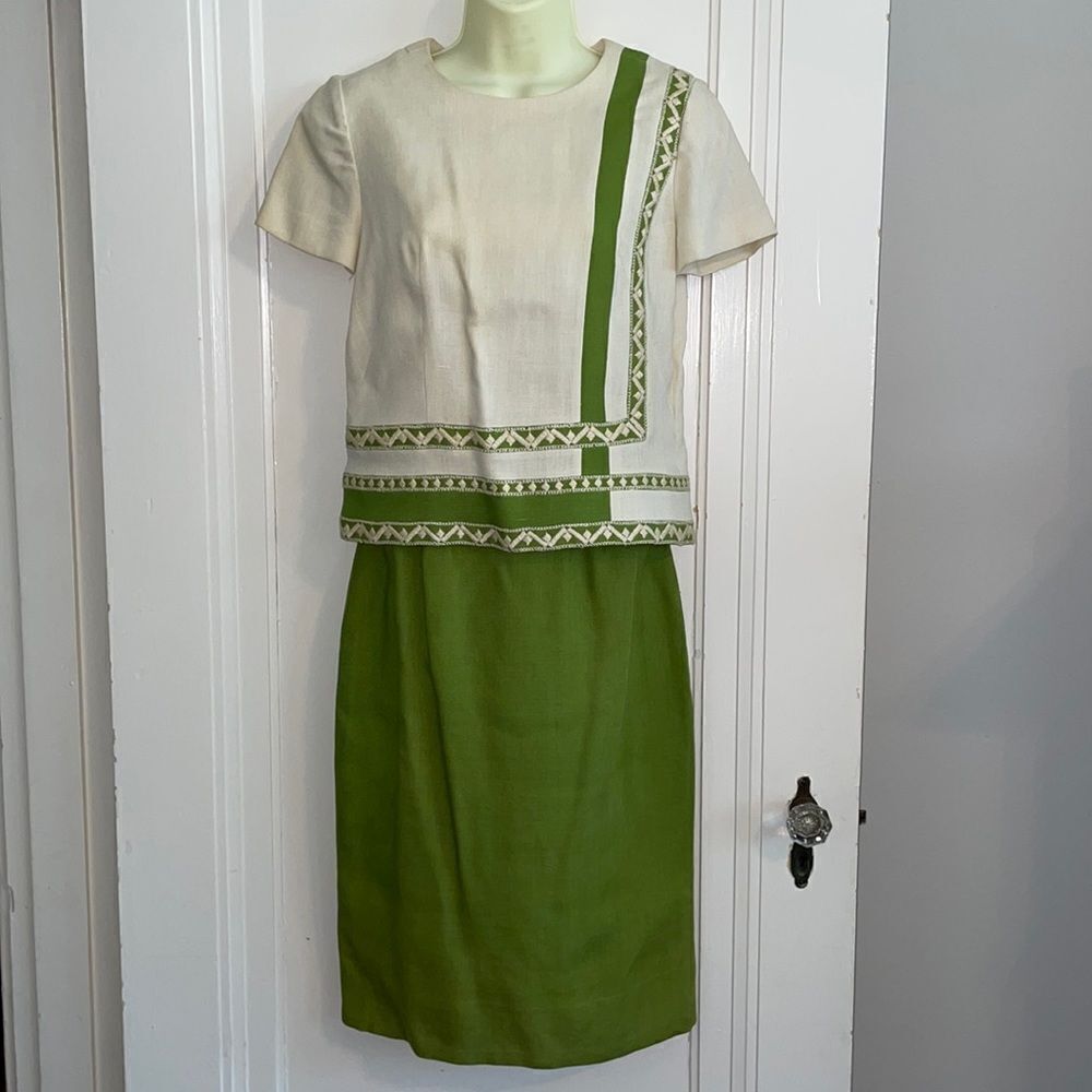 Vintage 50s Carlye green‎ & cream/ivory short sleeve linen skirt outfit